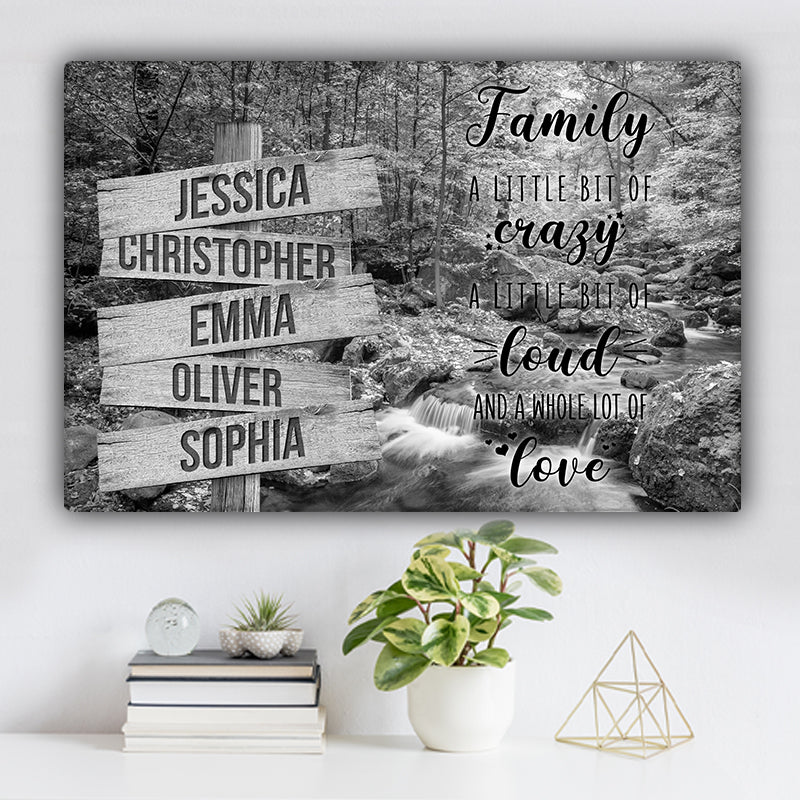 Forest Stream During Autumn Family "Crazy, Loud, Love" Names Premium Canvas