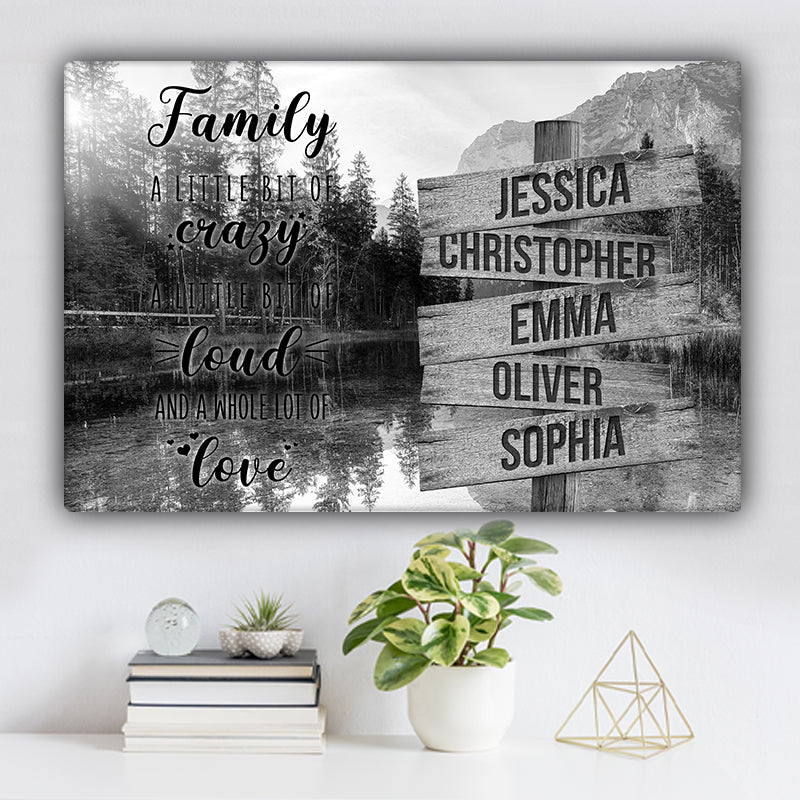 Mountain, Trees, and Lake V1 Family "Crazy, Loud, Love" Names Premium Canvas