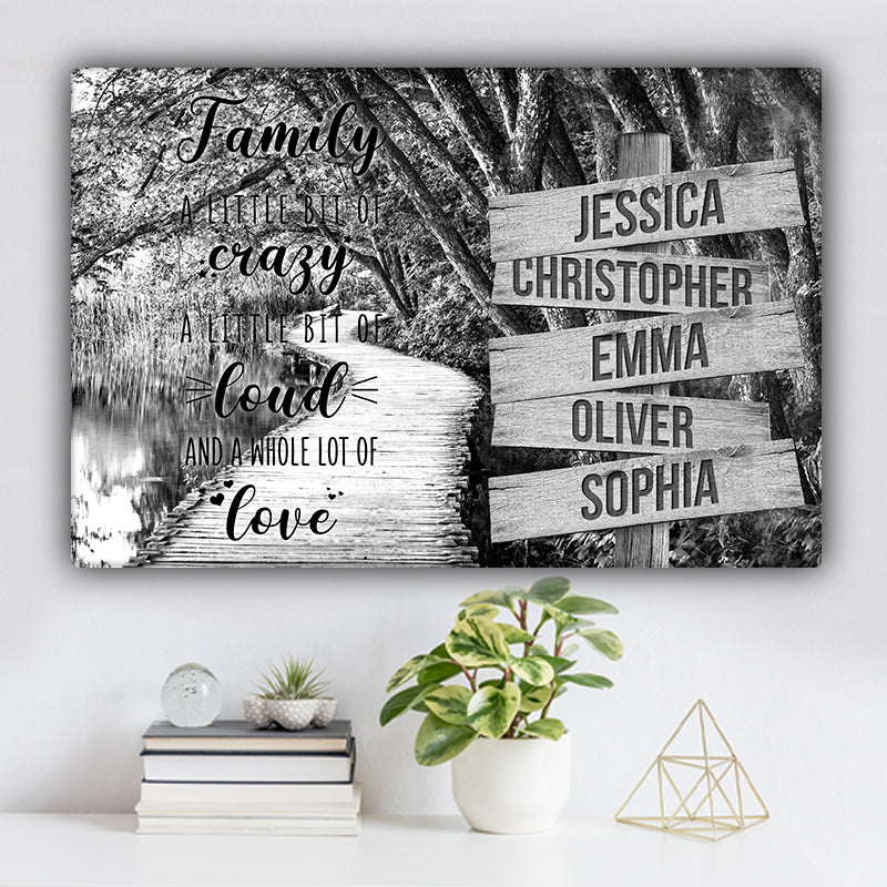 Forest and Lake V1 Family "Crazy, Loud, Love" Names Premium Canvas