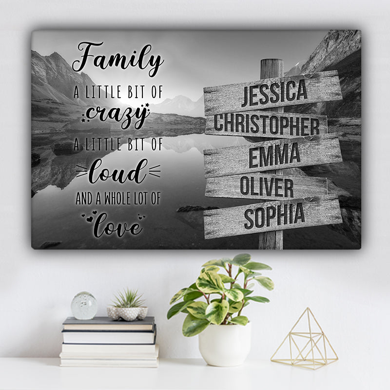 Mountain and Lake Dock V2 Family "Crazy, Loud, Love" Names Premium Canvas