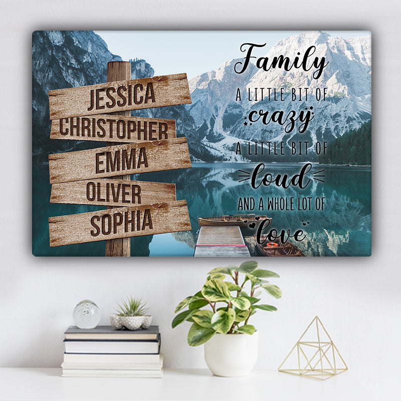 Mountain and Lake Dock V1 Color Family "Crazy, Loud, Love" Names Premium Canvas
