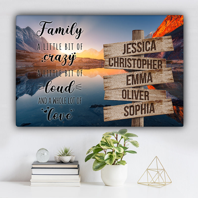 Mountain and Lake Dock V2 Color Family "Crazy, Loud, Love" Names Premium Canvas