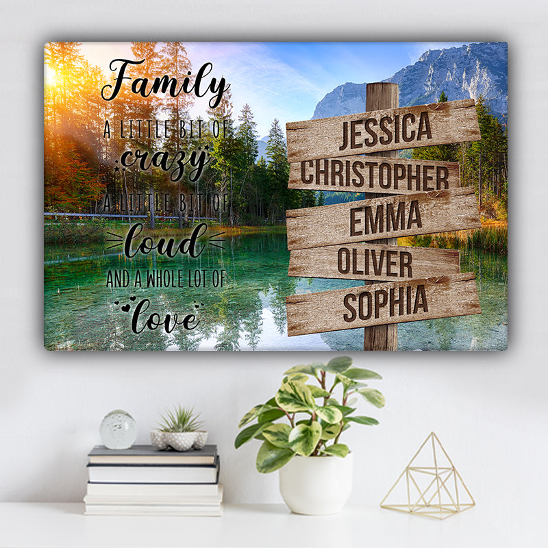 Mountain, Trees, and Lake V1 Color Family "Crazy, Loud, Love" Names Premium Canvas