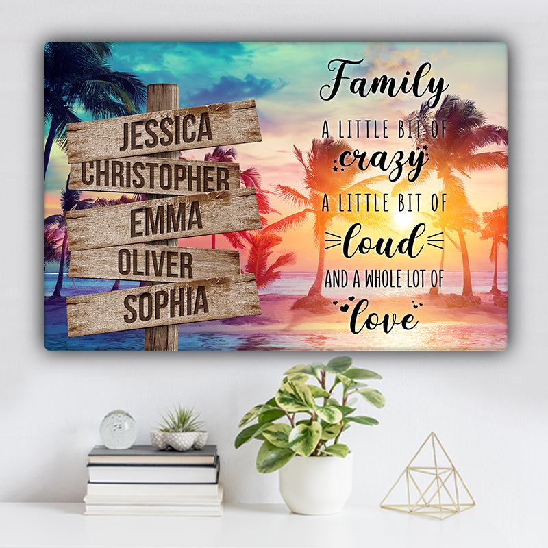 Beach and Palm Trees V1 Color Family "Crazy, Loud, Love" Names Premium Canvas