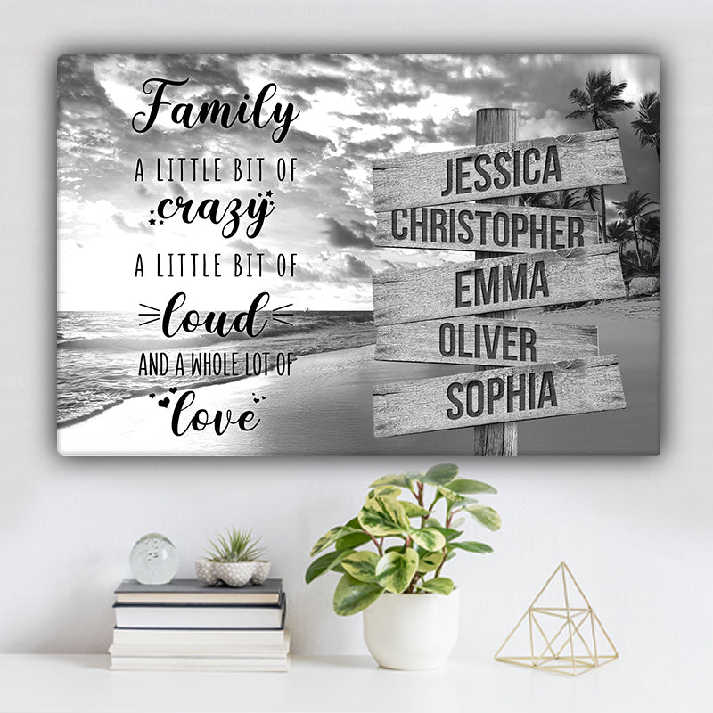 Ocean and Palm Trees V1 Family "Crazy, Loud, Love" Names Premium Canvas