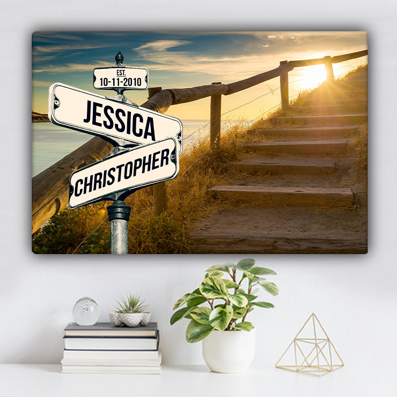 Stairway to Heaven V1 Color Established Date & Names Premium Canvas