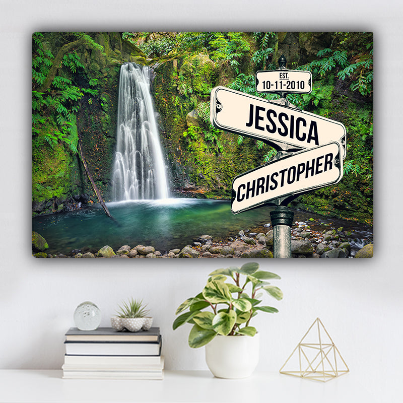 Waterfall in Rainforest V1 Color Established Date & Names Premium Canvas